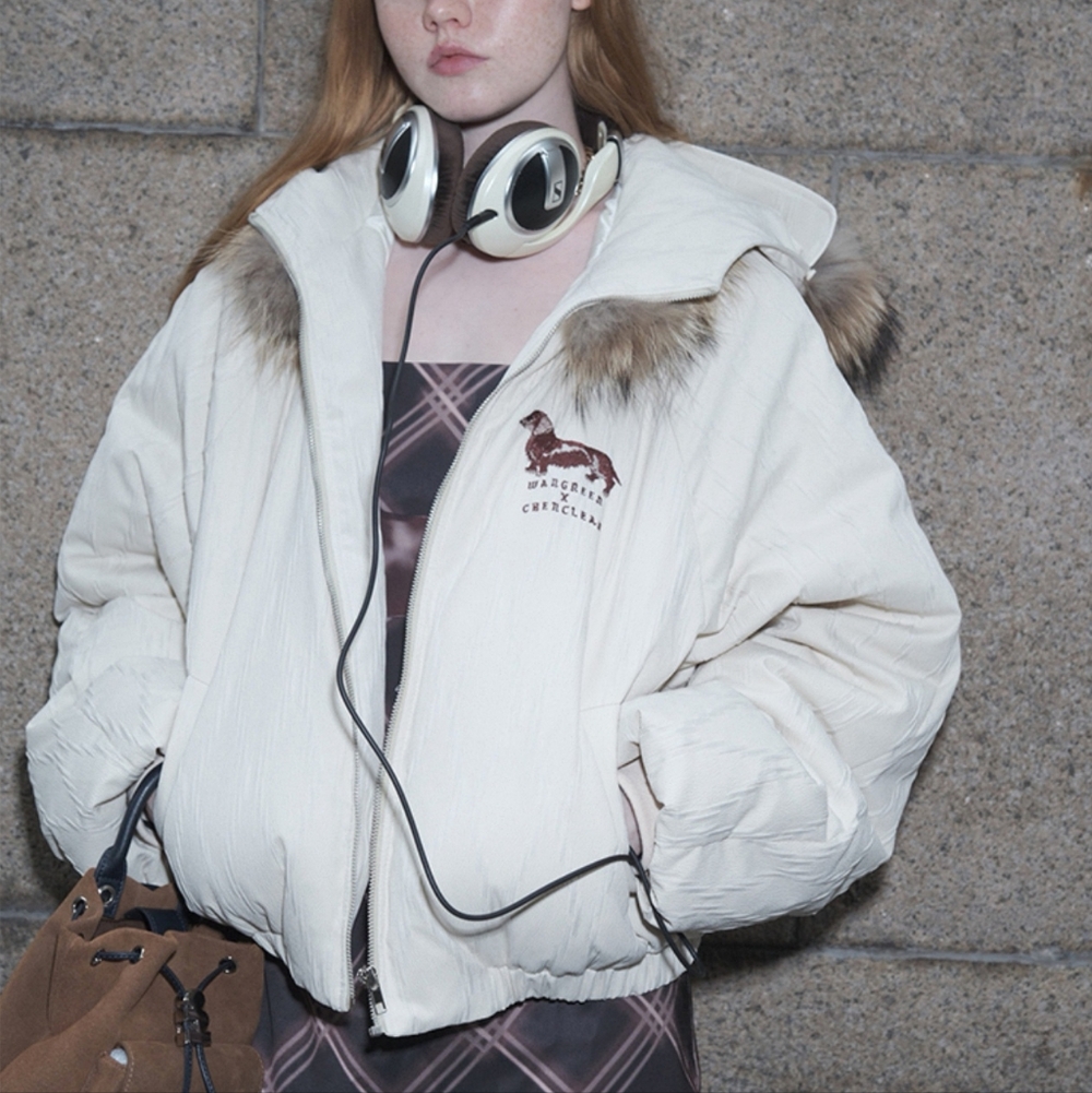 Cream White Dachshund Embroidery Double Fur Collar Down Jacket